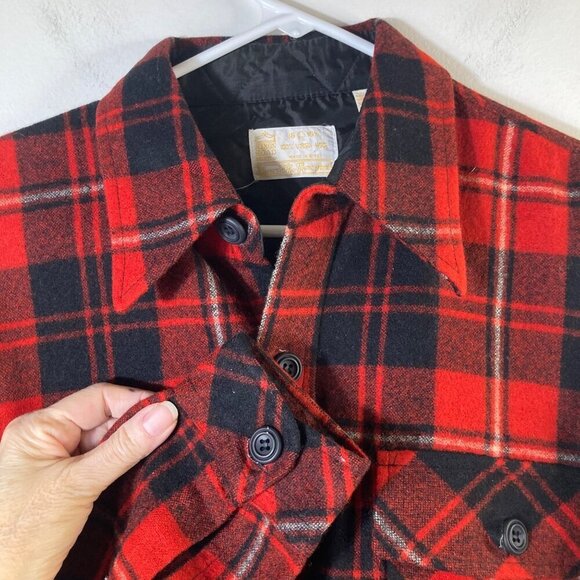 Mens Vintage Sears Kings Road Plaid Wool Button Shirt Red Black L 16 - 16.5" Woo - Picture 3 of 6